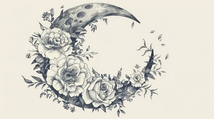 Wall Mural - Floral crescent moon with flowers and leaves drawn by hand.