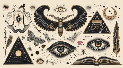Wall Mural - Magic symbols esoteric witch tattoos set. Open book, moth, pyramid with eye on arch. Modern flat mystic vintage illustration.