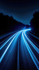 the contrast of the speed and energy of light painting art forms a line across the wide screen with a dark blue glowing line forming a path towards movement the horizon on a black background