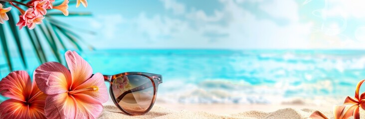A summer beach panorama with frangipani flowers and sunglasses.