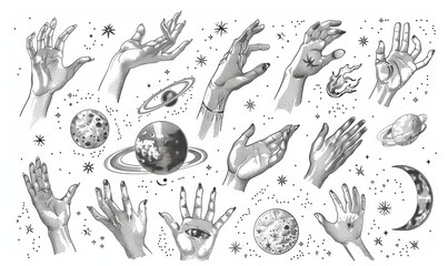Wall Mural - A set of hand icons, a planet, a crescent, and a plant. Magical emblems and tattoos for witches in bohemian style. Linear drawing. Stock doodle illustration.