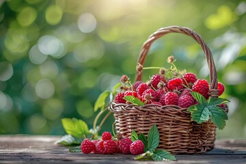 Poster - Raspberries basket wooden table closeup