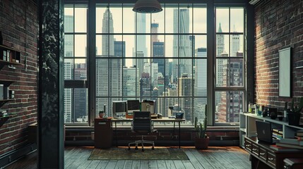 Wall Mural - cinematic shot, modern office with English brick wall a large glass window with a view of Manhattan, documentary office, highly detailed, muted tones 