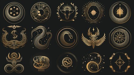 Wall Mural - Snake symbol. Boho logo collection. Astrology witch element, gothic witchcraft symbol, vintage alchemy moon. Mystic reptile black and gold silhouettes.