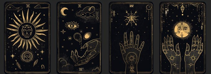 Wall Mural - The mystical tarot card set contains elements from esotericism, occultism, alchemy, witchcraft and zodiac signs. Also on the cards are silhouettes of hands, stars, moon phases and crystals.