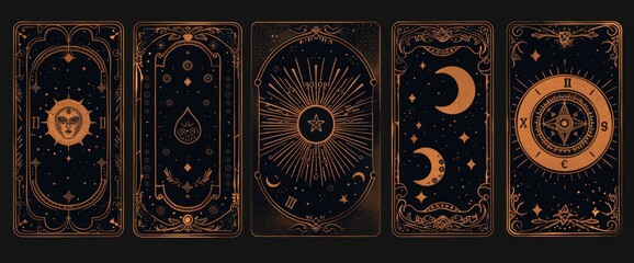 Wall Mural - The occult tarot card set. Magic poster for divination and fate prediction. Geometric sacred print with astrology and destiny. Occult mystical sign and natal chart. Cartoon flat design illustration