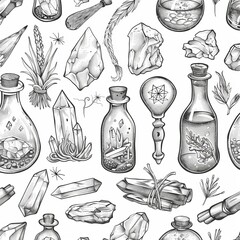 Poster - Magical elements in this seamless pattern, including crystals, leaves, moths, candles, and poisons. On a graphic modern seamless texture with occult elements, this pattern is reminiscent of fairy