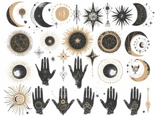 Sticker - Mystical witch hands holding moon and stars, hand drawn trendy boho esoteric design. Flat modern illustration collection.