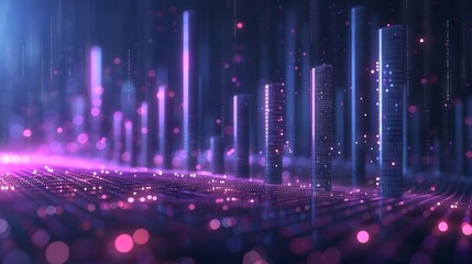 Wall Mural - A glowing bar graph rising upwards, representing an upward trend in stock market making and digitalures photo realistic, dark blue background, with purple highlights