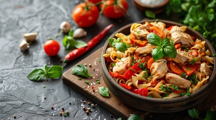 Photo of chicken pasta with vegetables on a wooden board and gray concrete background