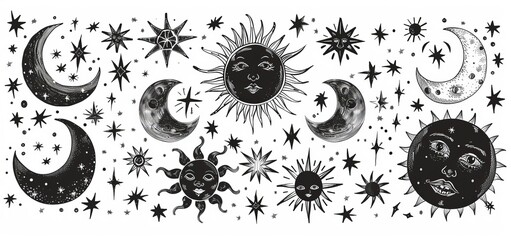 Wall Mural - An astrological symbol, tarot card, cute cartoon tattoo with sun graphics