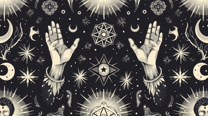 Wall Mural - Intense and esoteric pattern with hands of fortune teller, crescent and mystical symbols. Design concept for tattoo, poster, altar print, with esoteric, wicca and Gothic influences.