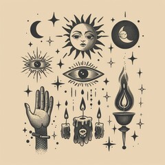 Canvas Print - Gold colour illustration of cosmic magic symbols and symbols like the sun, moon, crystals, evil eye, witch hands. Set of alchemical symbols and modern witchcraft art.