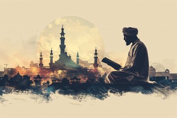 Muslim man reads book near mosque