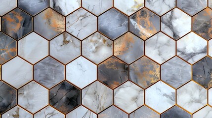 Wall Mural - A hexagonal marble tile pattern with white, grey and brown hues. The tiles have gold trim around the edges in the style of traditional designs.