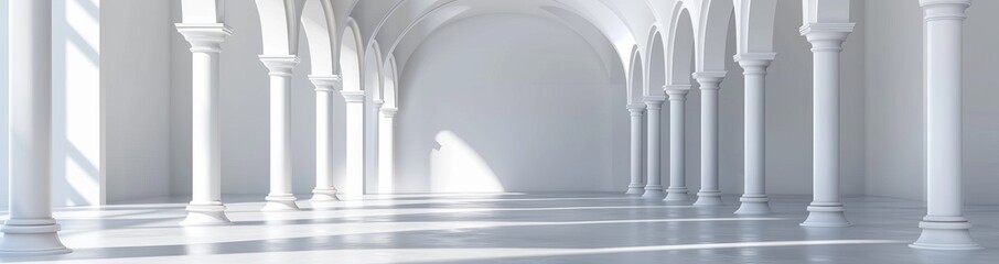 Architectural white panorama baner with columns and shadows. Abstract light background.