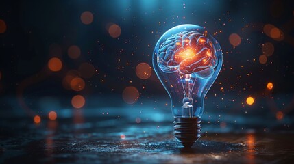 Brainstorming and Solution: A 3D vector illustration of a lightbulb with a glowing brain inside