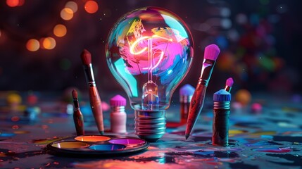 Wall Mural - Creativity and Design: A 3D vector illustration of a lightbulb with a palette and paint tubes inside