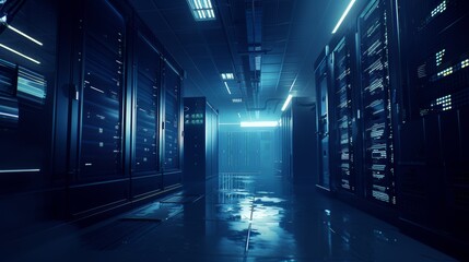 Wall Mural - Image of Data Center With Many Rows of Fully Operational Server Racks. Modern Telecommunications, Cloud Computing, Stock, Database, Super Computing Concept.