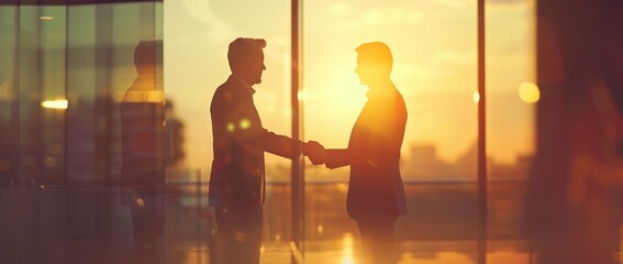Poster - A businessman shakes hands to signify teamwork during a merger or acquisition