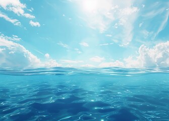 The surface and underwater of the sea or ocean are blue, while the sky is sunny and cloudy