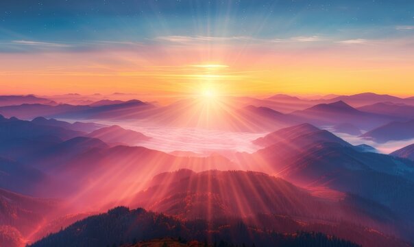 A panoramic view of a colorful sunrise in the mountains. Filtered image: vintage effect, cross-processed.