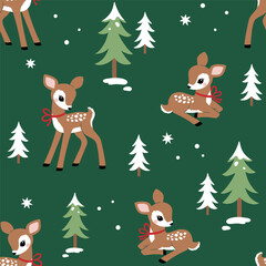 Wall Mural - Seamless vector pattern with cute Christmas deer with pine trees. Perfect for textile, wallpaper or print design.