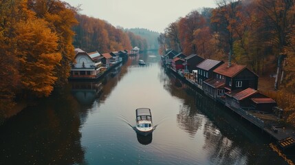 Wall Mural - In this video, a drone captures a calm river lined with houses and autumn trees in Central Europe. A boat navigates the river, while the houseboats and foliage reflect in the water. LuPa Creative.