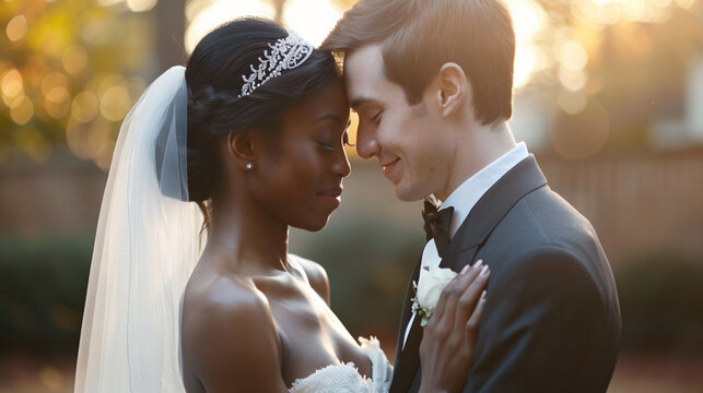Interracial bride and groom at their wedding ceremony. African-American, caucasian.