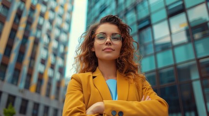 Wall Mural - A young woman in trendy glasses and yellow blazer posing confidently in an urban setting