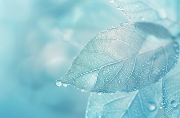 Poster - A transparent skeleton leaf with beautiful texture is set on a blue and pink background, and a glass with sparkling water drops is close-up macro.