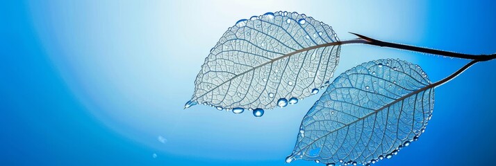 Poster - A macro of two transparent skeleton leaves on a wet surface in nature with a gorgeous blue background.