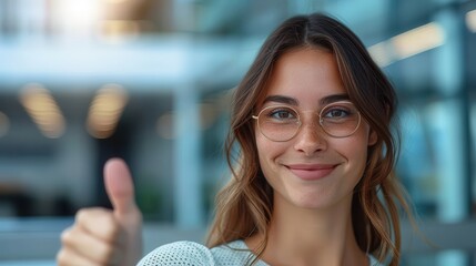 Wall Mural - Close-up shot captures a young woman's bright smile and thumbs up, indicating positivity and friendliness