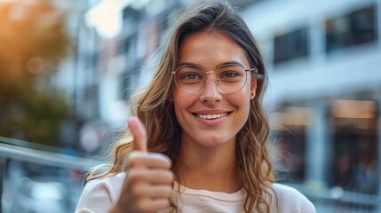 Wall Mural - An outdoor shot of an enthusiastic woman giving a thumbs up gesture, embodying optimism and affirmation