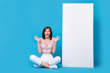 Wall Mural - photo of impressed lady rejoice esop shopping online service sit big telephone device gadget empty s