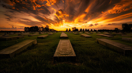 Military cemetery with rows of identical gravestones under a dramatic sky.


