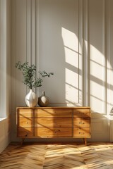 Wall Mural - Wooden sideboard in the center of an empty room with parquet flooring against white walls. Light comes from large windows. Modern decor with vases