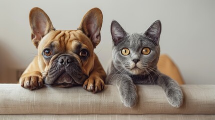 Sticker -  a happy dog and cat hanging over the edge of a wall, both looking directly at the camera.