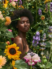 Wall Mural - A waist-up afro model in front of a lush summer garden in full bloom. The garden behind is a riot of color, with bright sunflowers, roses, and lavender creating a picturesque and vibrant backdrop.