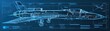 © kitidach - Digital blueprint of a modern jet fighter aircraft, showcasing detailed engineering design and technical schematics on blue background.