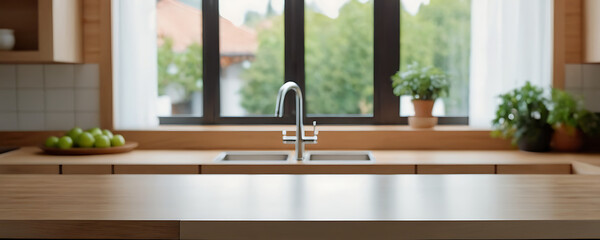 A bright and airy kitchen with light wood cabinets, a large window overlooking a green landscape, and minimalist decor. Perfect for home improvement, real estate, or lifestyle content.