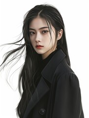 Wall Mural - A Chinese girl with long hair, wearing a black suit and coat, with a confident look on her profile