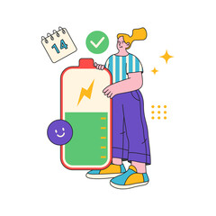 Poster - Workforce productivity and efficiency. Vector flat cartoon character with battery, calendar and schedule for appointment. Organization and performance quality at office job
