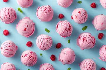 Wall Mural - Close-up ice creams raspberries blue surface
