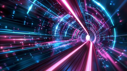 Abstract teal and pink lights. Neon speed. Motion in a tunnel at light speed. Digital landscape. Space travel. 