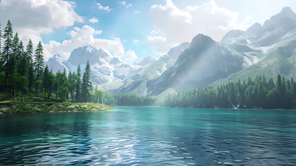 Wall Mural - Mountains, rivers and big trees The scenery is beautiful and mesmerizing
