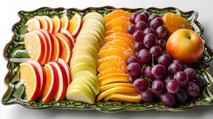 Wall Mural - A vibrant platter of fresh fruit slices, including apples and oranges, are arranged neatly on an elegant green tray with grapes at the side.