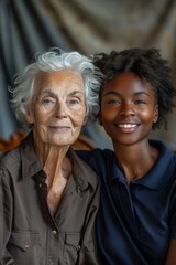 Poster - 2 females. One of them is an older Caucasian woman with short gray hair, wearing a new dark brown shirt, and is 100 years old. The other is a smiling 40-year-old black African American woman wearing a