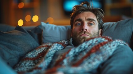 Wall Mural - A man, 35 years old, lies on the sofa, covered with a blanket, is a fan