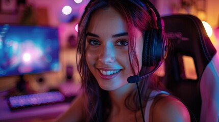 Canvas Print - a streamer wearing an headset and looking towards the camera and smiling, gamer bedroom background